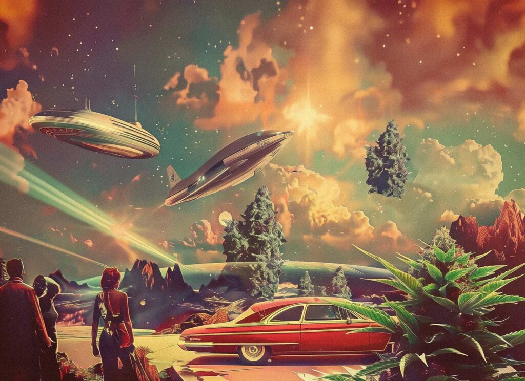etro-futuristic sci-fi scene with floating cannabis buds, a red vintage car, and tourists watching flying saucers in a colorful alien sky