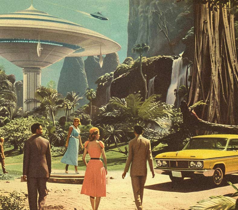 Vintage travel postcard illustration of tourists visiting an alien planet