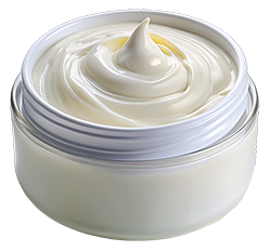 Open jar of creamy white cannabis-infused topical balm with smooth swirl texture