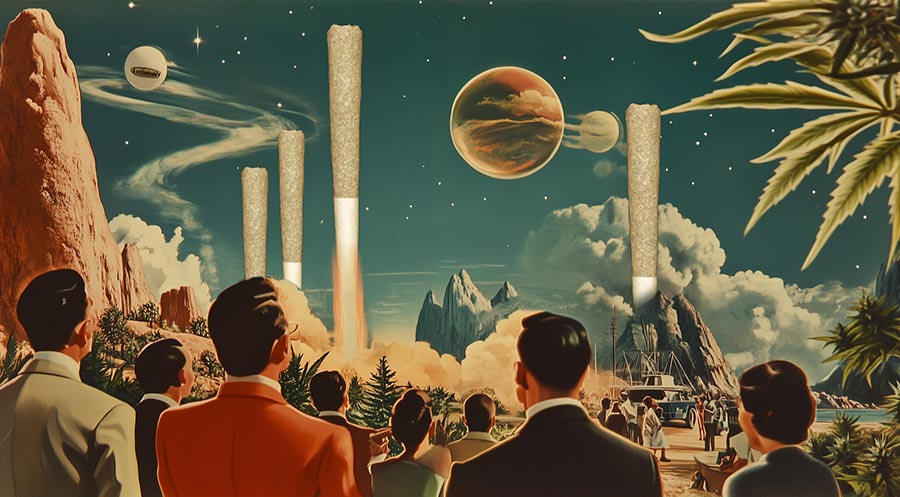 Vintage sci-fi style illustration of a crowd watching giant cannabis pre-rolls launching into space like rockets against a surreal planetary backdrop