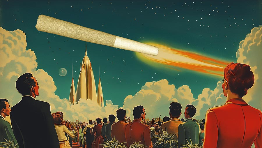 Retro-futuristic crowd watching a flaming cannabis pre-roll launch across the sky like a rocket, with art deco buildings in the background