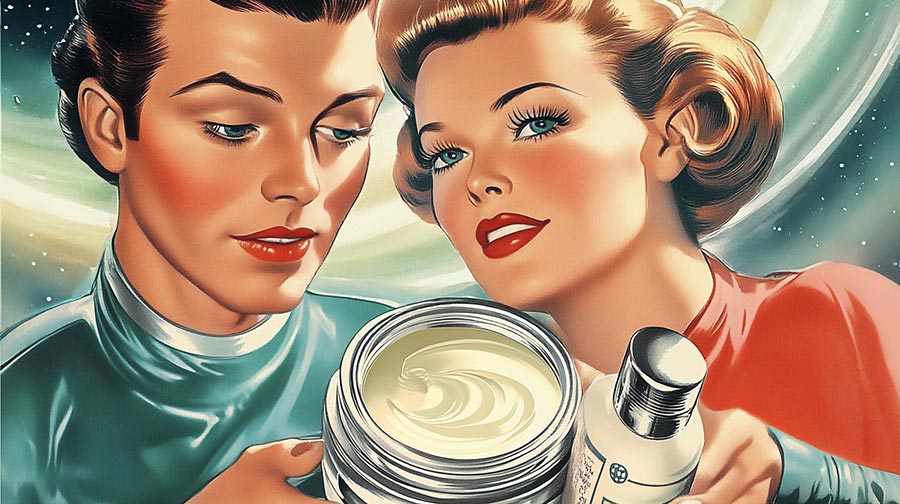 Retro-style illustration of a man and woman holding an open jar of cannabis topical cream and a bottle labeled ‘CBD’ in a space-themed setting