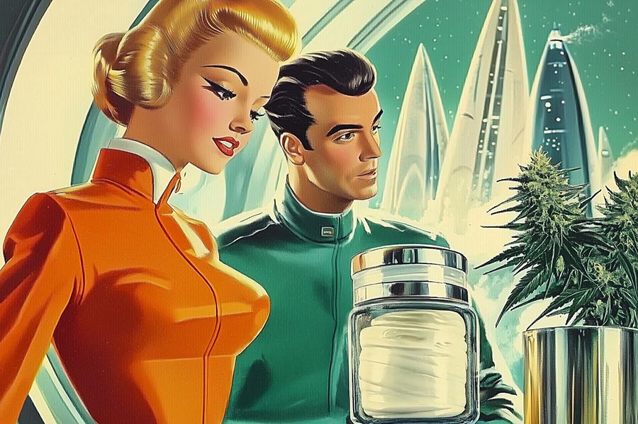 Retro-futuristic illustration of a man and woman examining a cannabis plant and a jar of topical cream in a sci-fi setting
