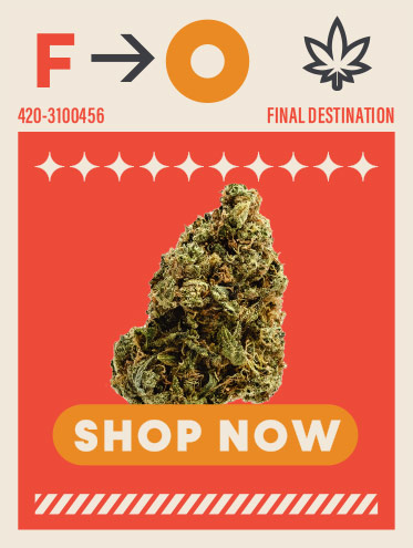 Promotional cannabis product card featuring a dense green cannabis flower nug with ‘Shop Now’ call-to-action and stylized travel-themed graphics